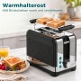 Schwarzer HOMCOM Toaster aus Kunststoff mit Warmhalterost, zwei Toastscheiben dampfen, auf Küchenarbeitsplatte.