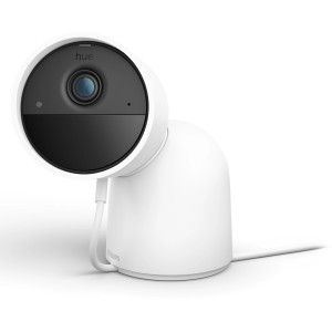Weiße Philips Hue Secure Kamera mit Standfuß, kabelgebunden, für Innen- und Außenbereich.