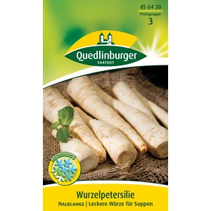 Samenpackung Quedlinburger Wurzelpetersilie 'Halblange', weiße Wurzeln auf Jute.