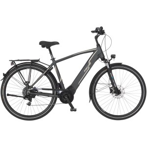Graues Fischer E-Bike Viator 5.0i mit Diamantrahmen und Gepäckträger.