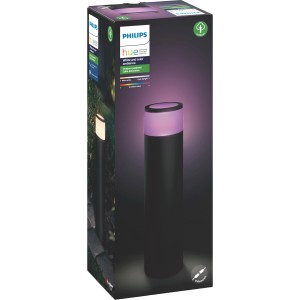 Verpackung der Philips Hue Calla Sockelleuchte Erweiterung, schwarzer Korpus, farbiges Licht.