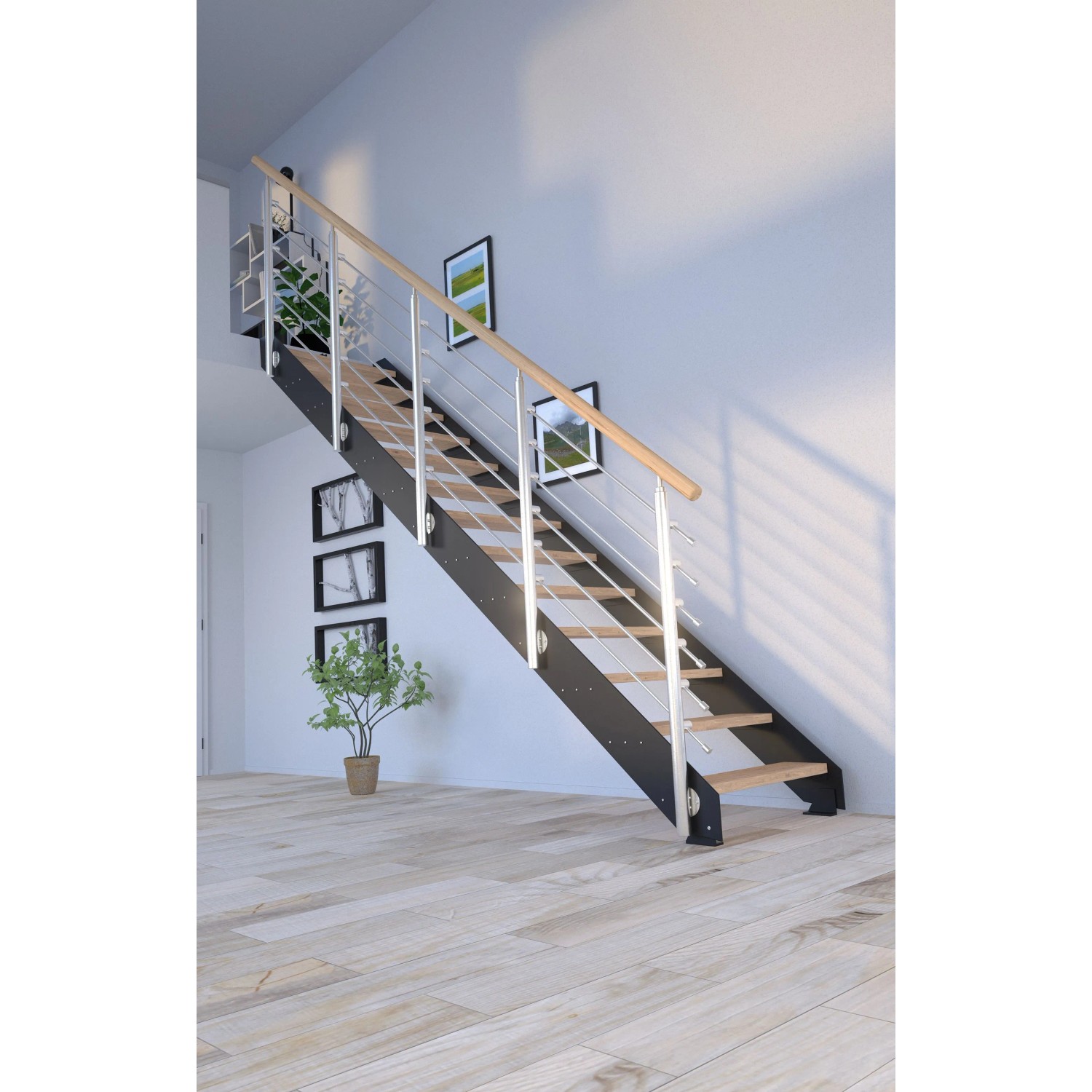 Treppe Kos 14 Stufen Eiche Rustik Natur 107 cm Design-Geländer Schwarz FSC®_8