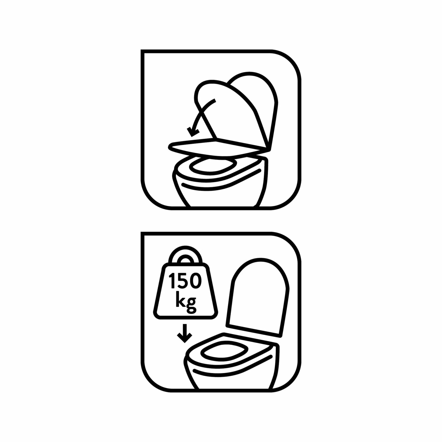 Piktogramme: WC-Sitz mit Absenkautomatik und Belastbarkeit bis 150 kg.