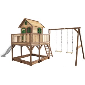 Axi Liam Spielhaus mit Doppelschaukel, Rutsche, Sandkasten, Holz, braun, grün, weiß. Ideal für Kinder zum Spielen im Garten.