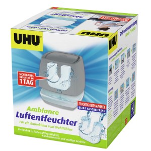 Verpackung des UHU Luftentfeuchters Ambiance in Anthrazit mit Feuchtigkeitsmagnet-Tab.
