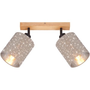 Brilo Spot 2er Stofa Taupe-Holz: Wandspot mit zwei Leuchten, Holzsockel und Sternenmuster.