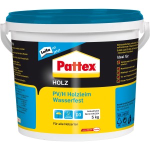 Weißer 5 kg Eimer Pattex Holzleim PV/H Wasserfest, geeignet für alle Holzarten.