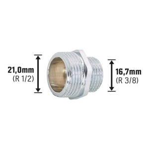 Verchromter Gewinde-Reduziernippel aus Messing, Ø 21 mm x Ø 16,7 mm, für Gewindefittings.