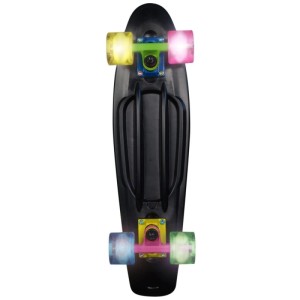 Schwarzes Muuwmi Skateboard mit farbigen, leuchtenden Neon LED-Rollen und rutschfestem Deck. Sport & Fitnessgerät.