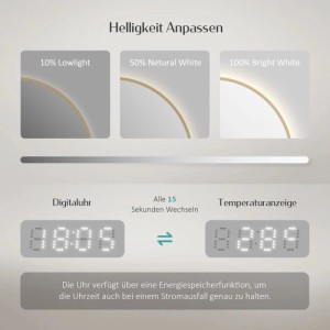 Emke Rund LED Badspiegel mit Goldrahmen. Zeigt dimmbare LED-Beleuchtung (10-100%), Uhrzeit und Temperaturanzeige.