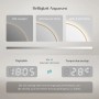 Emke Rund LED Badspiegel mit Goldrahmen. Zeigt dimmbare LED-Beleuchtung (10-100%), Uhrzeit und Temperaturanzeige.
