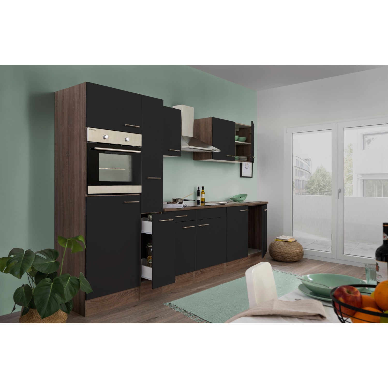 Respekta Küchenzeile KB300EYS, 300 cm, Schwarz Seidenglanz/Eiche York Nachbildung, mit E-Geräten.