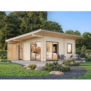 Modernes, naturbelassenes Palmako Ferienhaus Cecilia 540x540 cm aus Holz mit großen Fensterfronten und Terrasse.