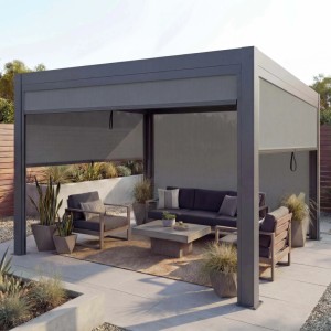 Anthrazitfarbene Pergola MCW L46 3x4m mit Seitenwand und Alu-Gestell im Garten.