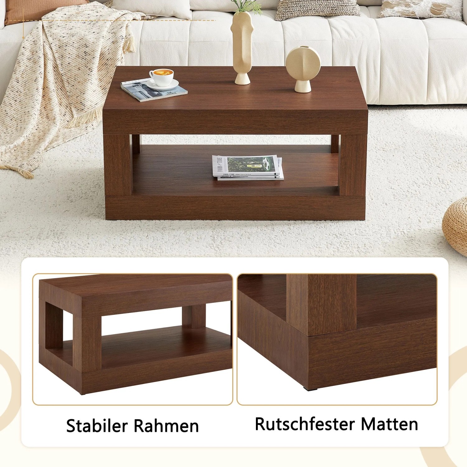 okwish Couchtisch mit MDF Doppelschicht Wohnzimmer Lager Regal 93x53x45cm Walnuss_6