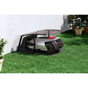 Schwarze Dreame Mähroboter Garage aus Stahl und Plexiglas zum Schutz vor Witterungseinflüssen.
