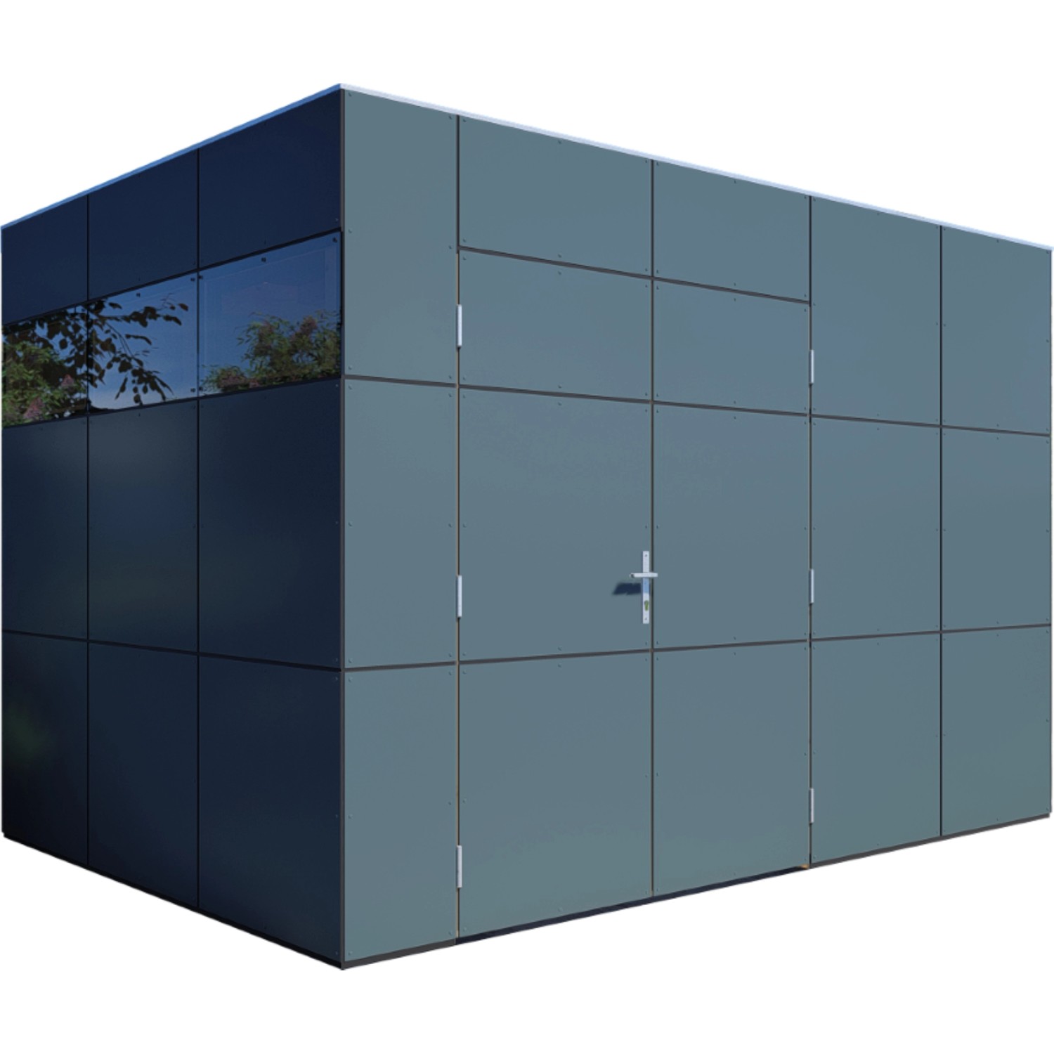 Modernes Bertilo Gartenhaus HPL 2 in Anthrazit-Grau, Holz-Gartenhaus mit Flachdach und Fenster.