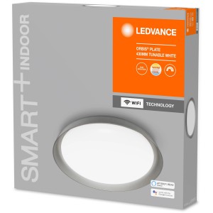 Verpackung der Ledvance Smart+ WiFi Deckenleuchte Orbis Plate, grau, Ø 43cm, Tunable White.