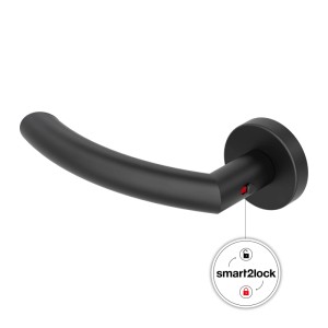Schwarze Novadoors Nova Amico Smart2Lock Türgriffgarnitur links, rosettenlos, mit integrierter Verriegelung für Innentüren.