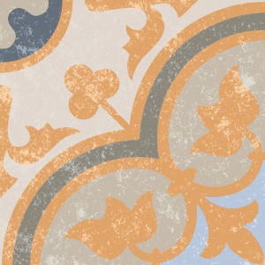 Dekorative, matte Bodenfliese aus Feinsteinzeug, 20x20 cm, mit floralem Muster in Beige, Grau und Blau.