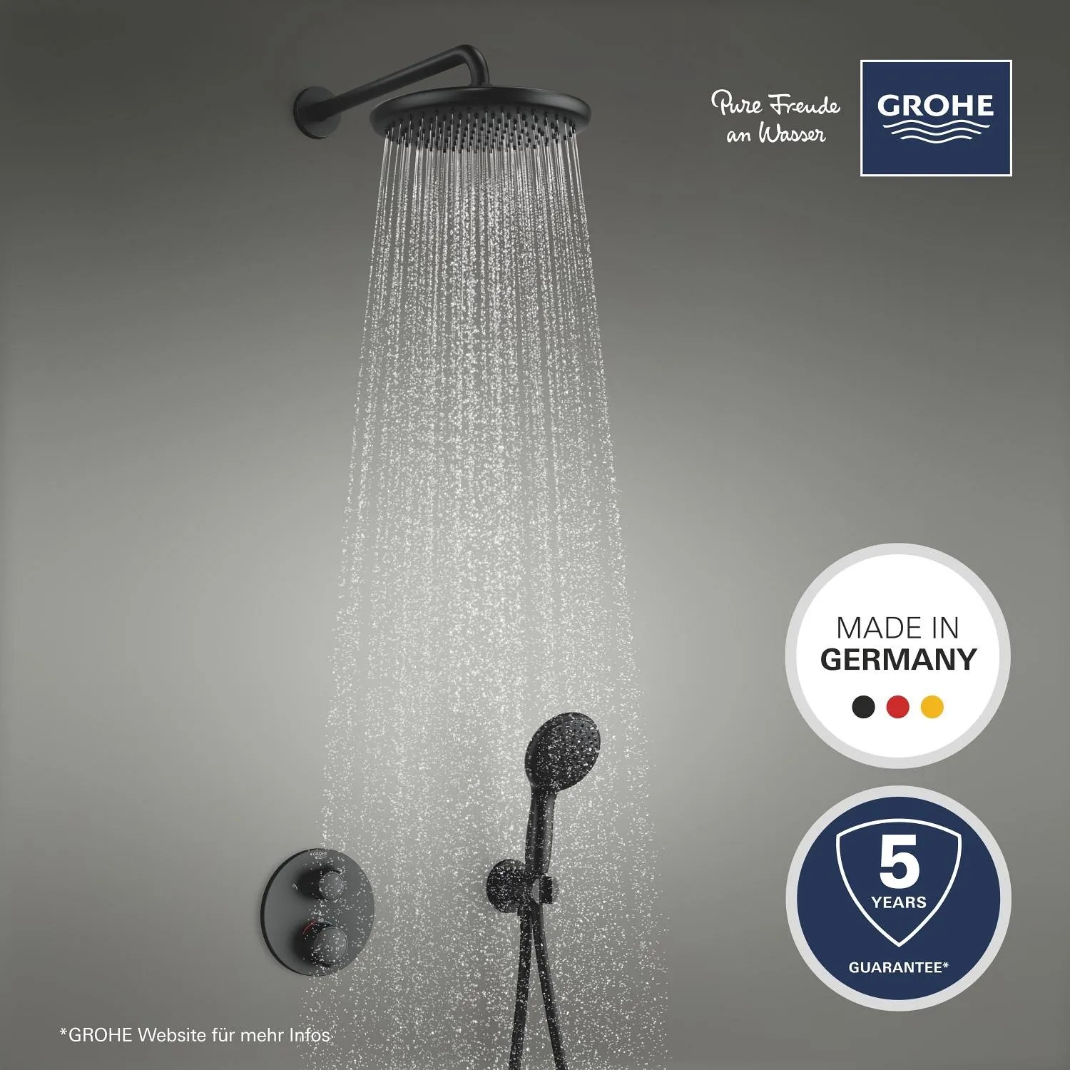 Schwarzes Grohe Precision Thermostat Duschsystem Unterputz mit Vitalio Start 250 Kopf- und Handbrause.
