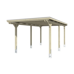 Skan Holz Einzelcarport Emsland mit Flachdach und sechs Pfosten aus Leimholz.