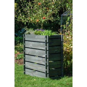 Anthrazitfarbenes Dobar Hochbeet aus Holz (79x79x39cm) mit Bepflanzung im Garten.