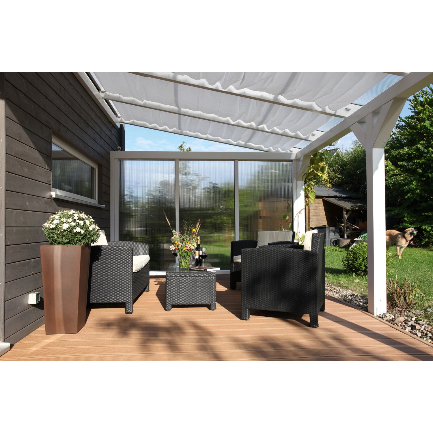 Skan Holz Seitenwand mit Polycarbonatplatten, Eiche hell, für Terrassenüberdachung.