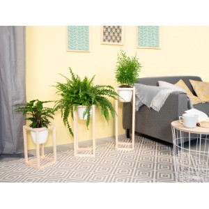 DIY Pflanzständer Set von CREATE! by OBI: Drei Holzständer mit Pflanzen in weißem Topf. Dekorative Figuren für Innen.