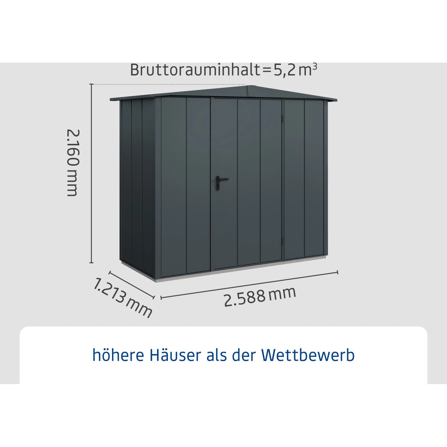 Ecostar Gerätehaus Elegant, anthrazitgrau, mit Satteldach und Einzeltür. Abmessungen sind auf dem Bild zu sehen.