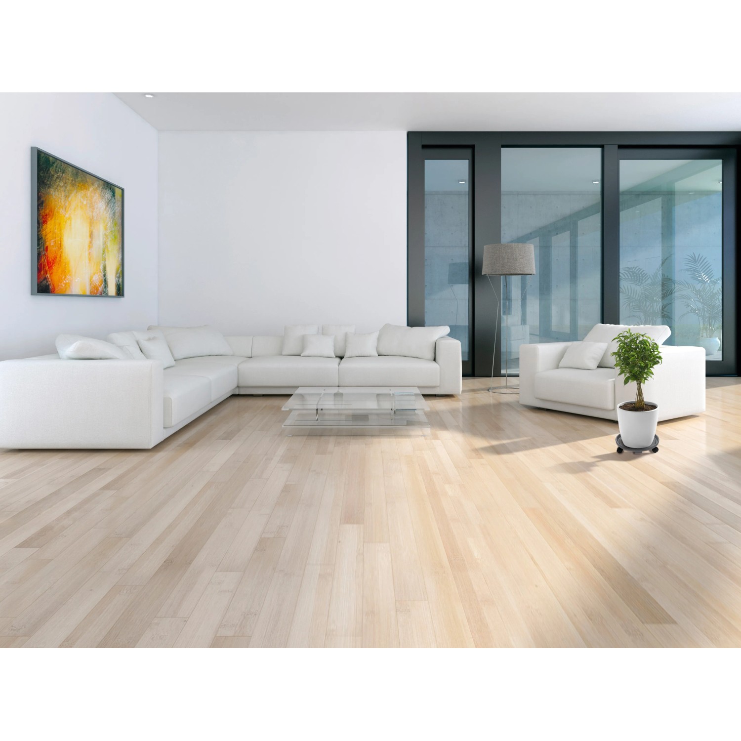 Anthrazitfarbener Pflanzroller unter Topfpflanze im Wohnzimmer. Rolluntersetzer für flexible Kübel.