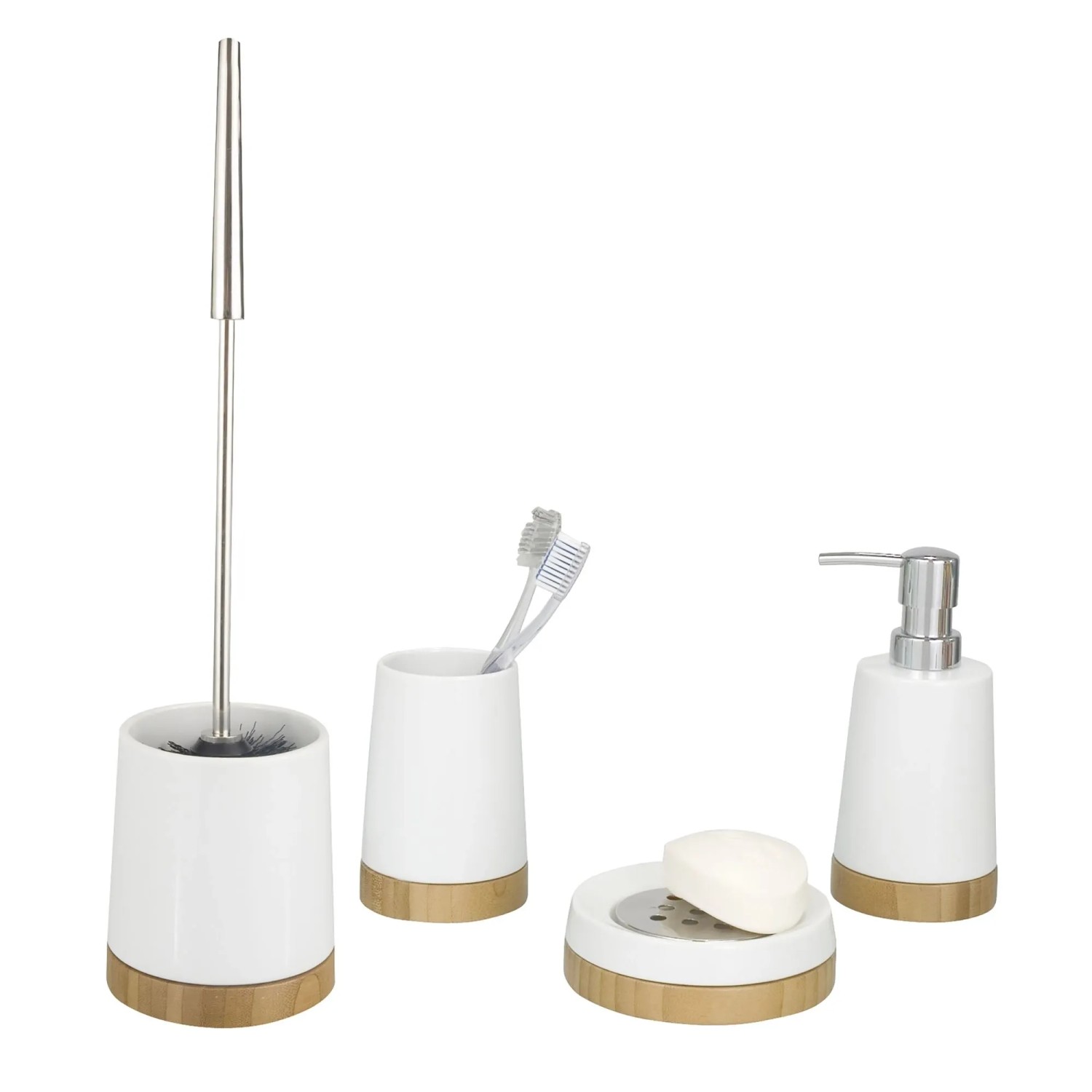Bad-Set Bamboo: Zahnputzbecher, Seifenspender, WC-Garnitur und Seifenschale aus Keramik und Bambus.
