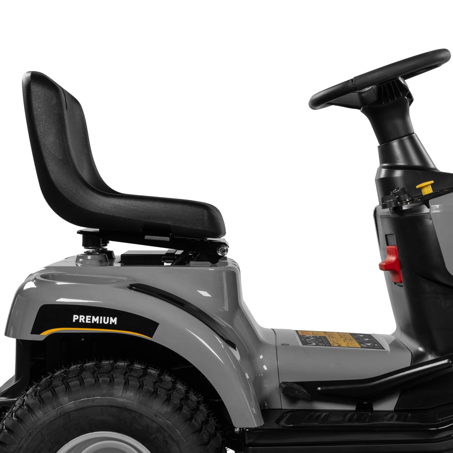 Detailansicht: Texas Premium Rasentraktor TTS98H mit Sitz und Lenkrad.