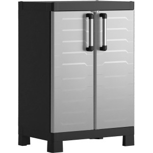 Keter Detroit Kunststoffschrank, niedrig, hellgrau mit Alu-Griffen. Regalschrank für Innenräume.