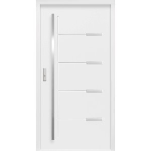 Weiße Sicherheits-Haustür ThermoSpace Oslo Prime RC2 mit Edelstahl-Applikationen und Links-Anschlag.