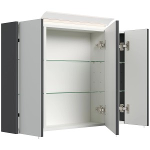 Posseik Spiegelschrank 90 cm in Grafit mit LED-Lampe und Glasböden, teilweise geöffnet.