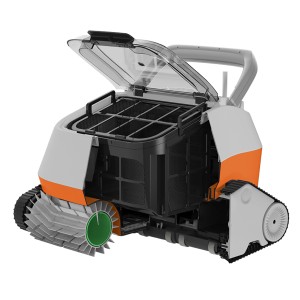Poolroboter ONE4ALL Orange von BWT mit geöffnetem Filterkorb. Reinigungsgerät für Pools.