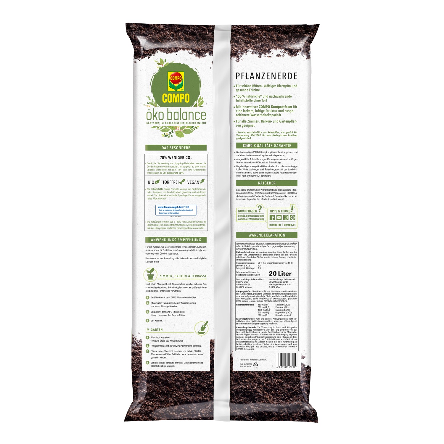 Sack Compo Öko Balance Pflanzerde, 900 l (45 x 20 l) auf Halbpalette, Bio-Universalerde für Garten und Balkon.