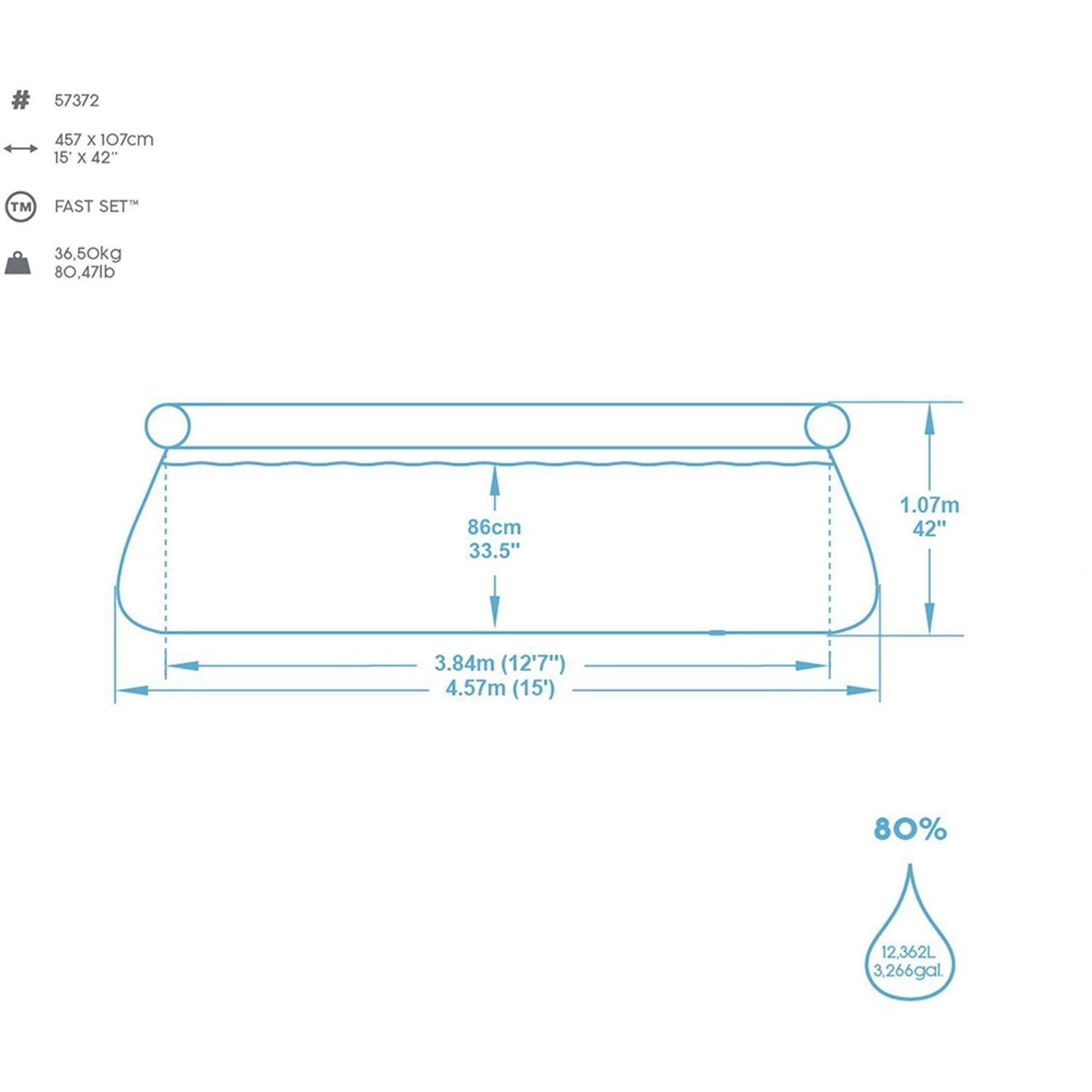 Technische Zeichnung Bestway Fast Set Pool Ø 457x107 cm: Maße, Füllstand, Gewicht.
