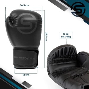 Schwarzer Sportisfaction Boxhandschuh 12oz aus PU-Leder, Teil eines Sets mit Bandagen und Springseil.