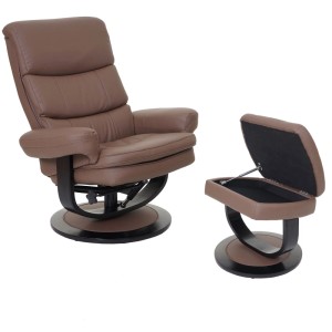 Brauner Relaxsessel mit Hocker und Staufach aus Kunstleder.