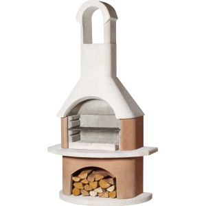 Buschbeck Grillkamin Bali, weiß-terrakotta, mit Holzscheiten im Lagerfach.