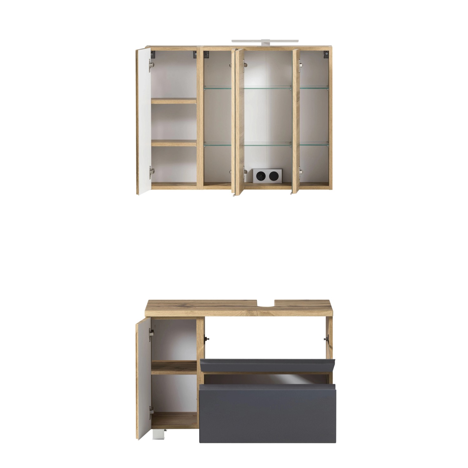 Held Möbel Badmöbel-Set Ancona, 2-teilig, mattgrau/Wotaneiche, mit Spiegelschrank und Unterbeckenschrank.