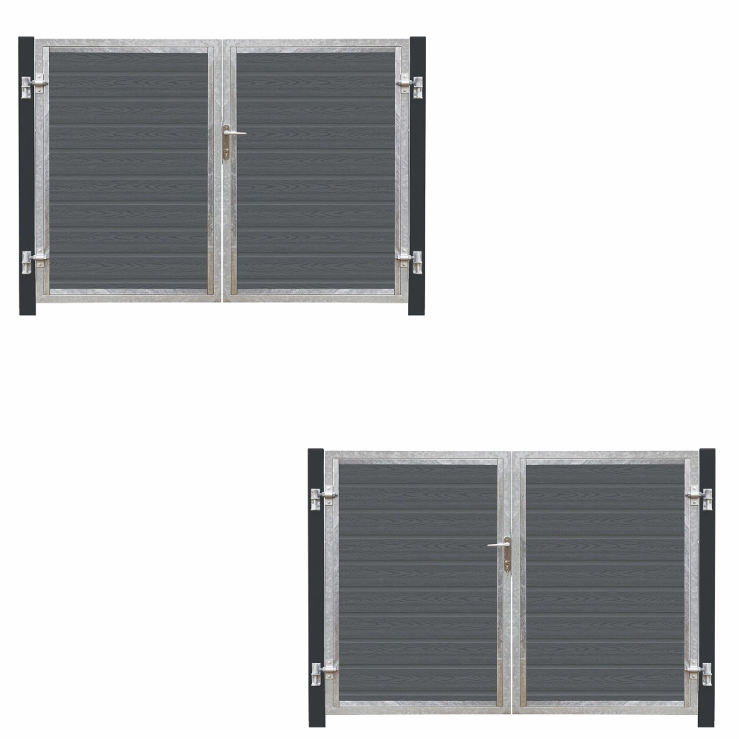 Doppeltor Artura WPC Schiefergrau, 213x135cm, mit grauschwarzen Pfosten. Gartentor aus WPC.