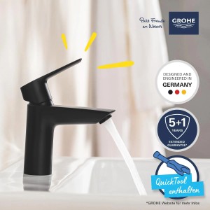 Grohe QuickFix Waschtischarmatur Start S in Schwarz mit Wasserstrahl. Einhebelmischer für Waschbecken.