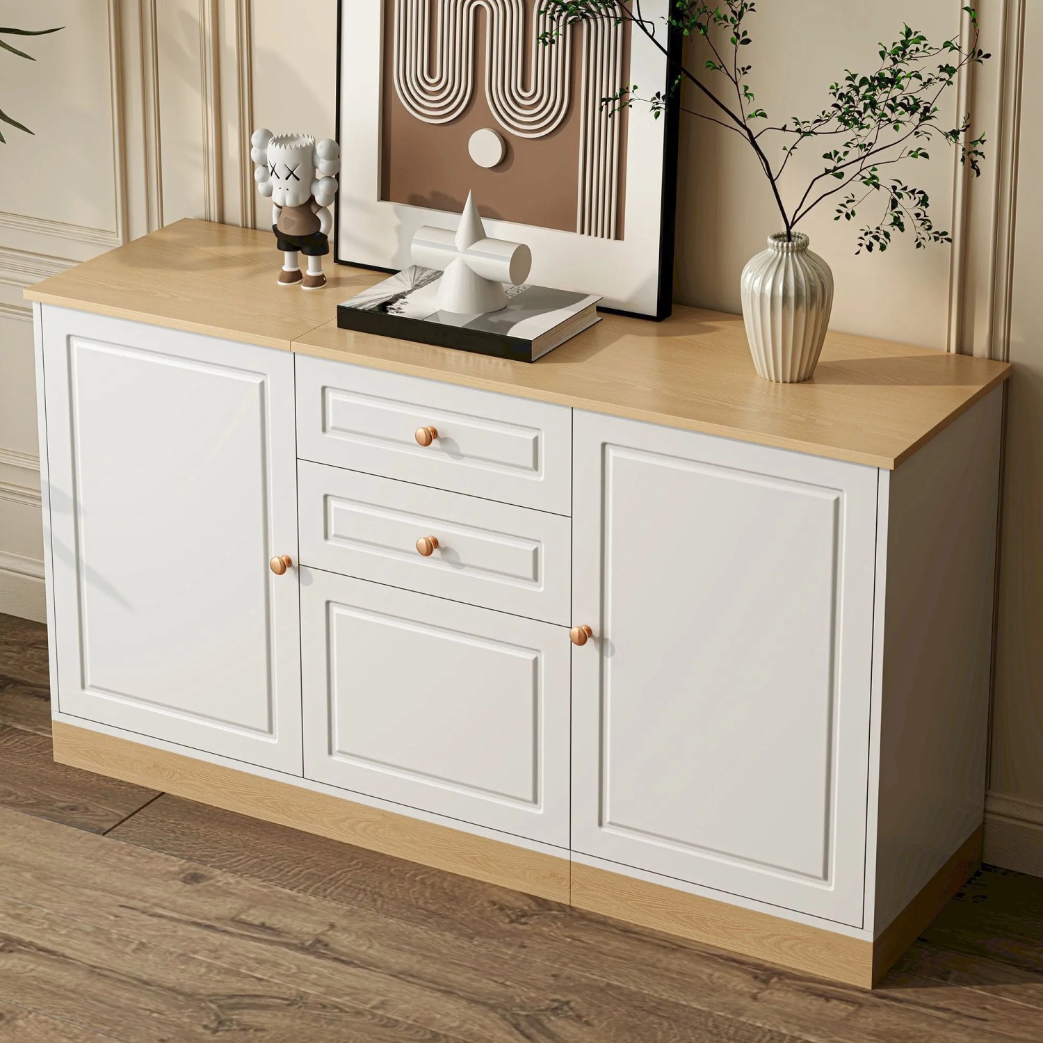 okwish Sideboard mit 3 Türen Doppelschubladen Wohnzimmer 135.5x76x39cm Weiß_3