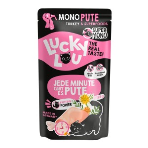 Lucky Lou Katzen-Nassfutter Pute, 125g. Alleinfutter mit Monoprotein & Superfood für sensible Katzen.