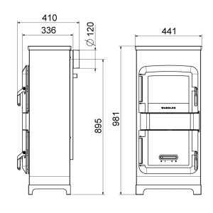 Technische Zeichnung Wamsler RH 8F Kaminofen Stahl Lavendel, Maße und Details.