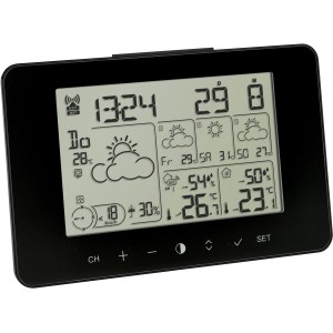 Schwarze TFA Funk-Wetterstation Meteotime Primo mit Display für Wettervorhersage und Temperatur.