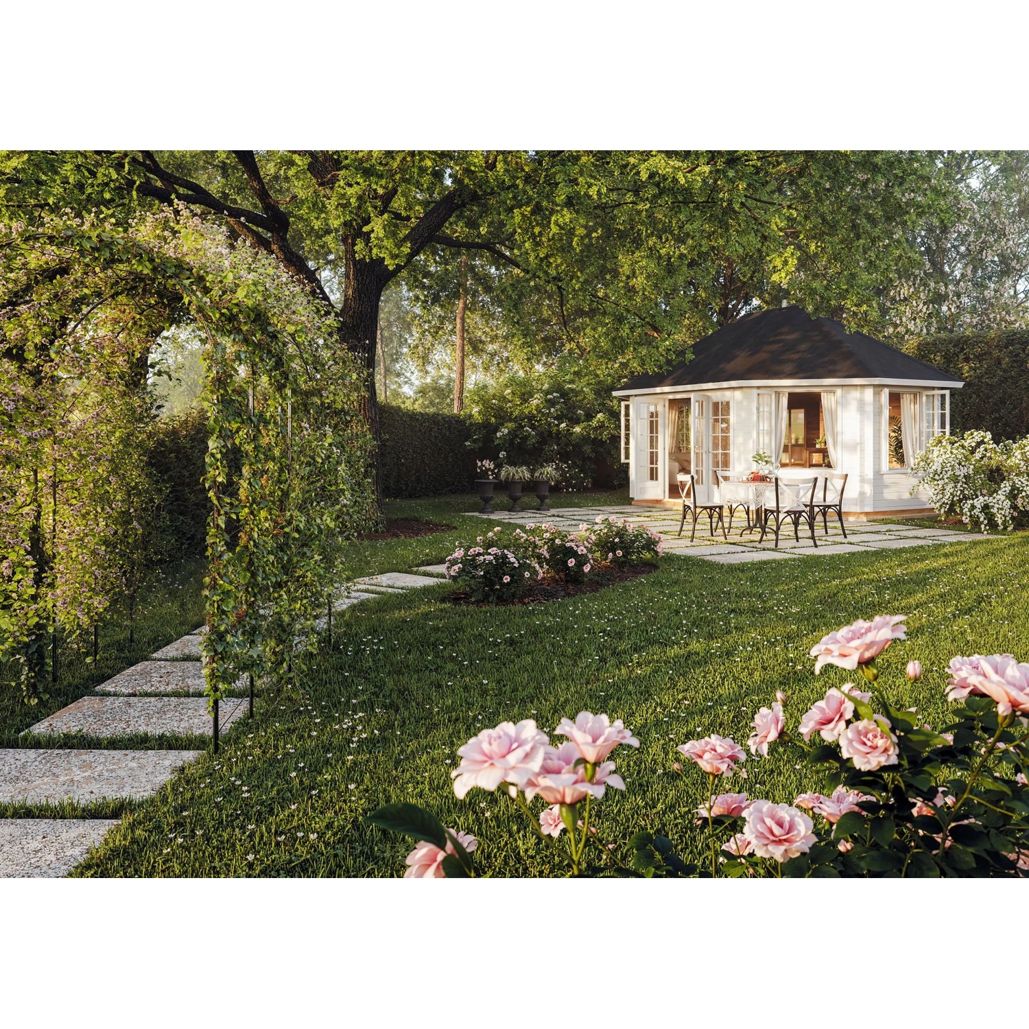 Palmako Holz-Pavillon Hanna, grau grundiert, im Garten mit Rosen und Gartenweg.